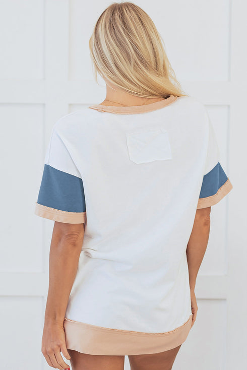 Patchwork Panel Short Sleeve Split Hem Tunic Shirt