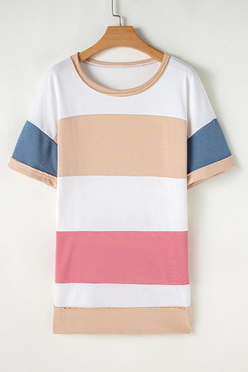 Patchwork Panel Short Sleeve Split Hem Tunic Shirt