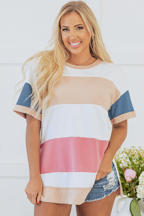 Patchwork Panel Short Sleeve Split Hem Tunic Shirt