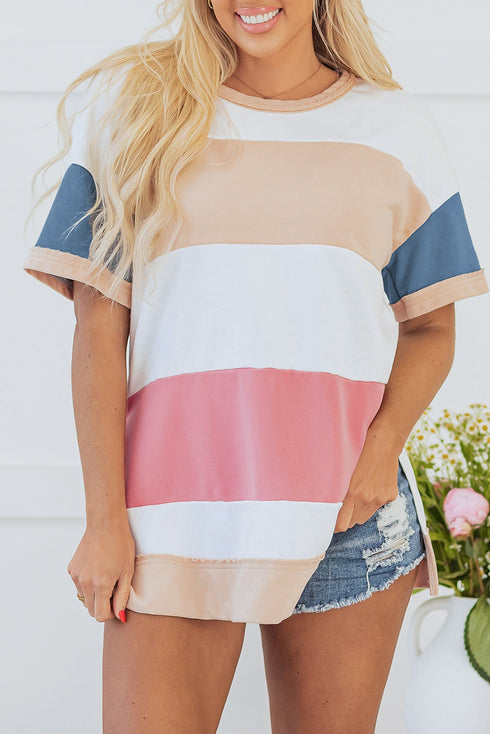 Patchwork Panel Short Sleeve Split Hem Tunic Shirt