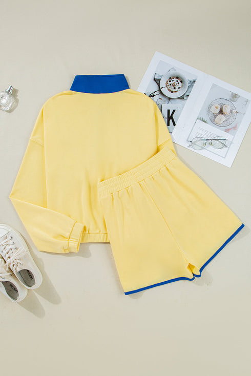 Patchwork Paneled Half Button Pullover Loungewear Short Sets