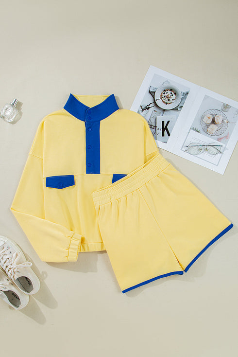 Patchwork Paneled Half Button Pullover Loungewear Short Sets