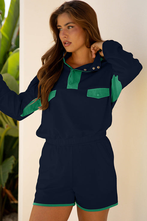 Patchwork Paneled Half Button Pullover Loungewear Short Sets
