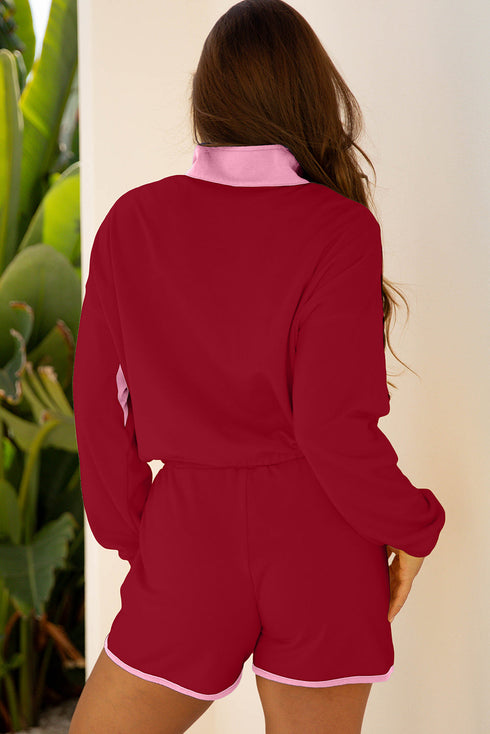 Patchwork Paneled Half Button Pullover Loungewear Short Sets
