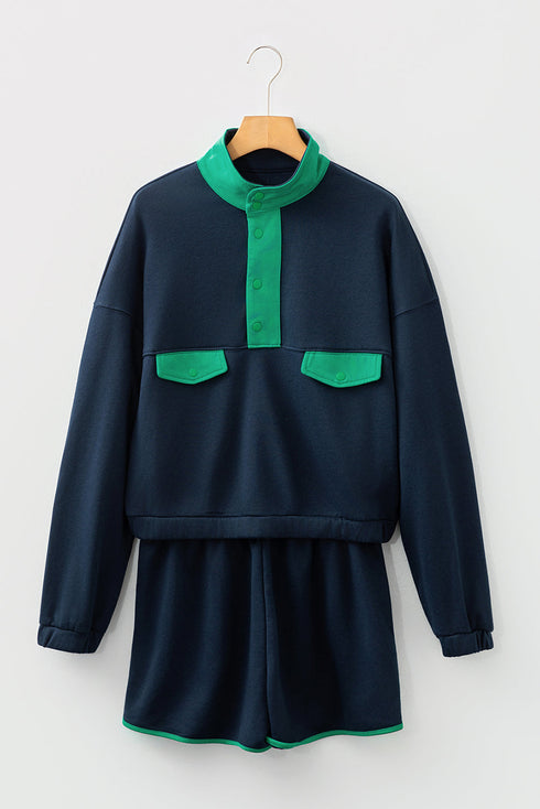 Patchwork Paneled Half Button Pullover Loungewear Short Sets