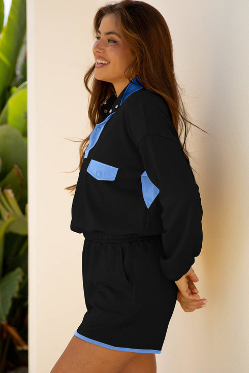Patchwork Paneled Half Button Pullover Loungewear Short Sets
