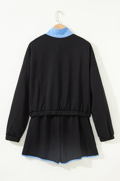 Patchwork Paneled Half Button Pullover Loungewear Short Sets