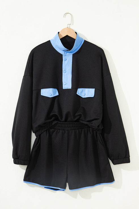 Patchwork Paneled Half Button Pullover Loungewear Short Sets