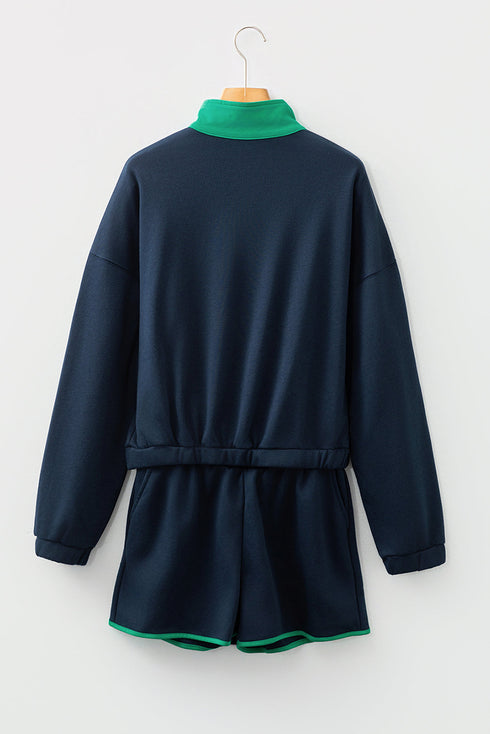 Patchwork Paneled Half Button Pullover Loungewear Short Sets