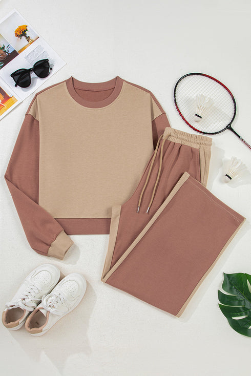 Patchwork Paneled Long Sleeve Wide Leg Pant Set