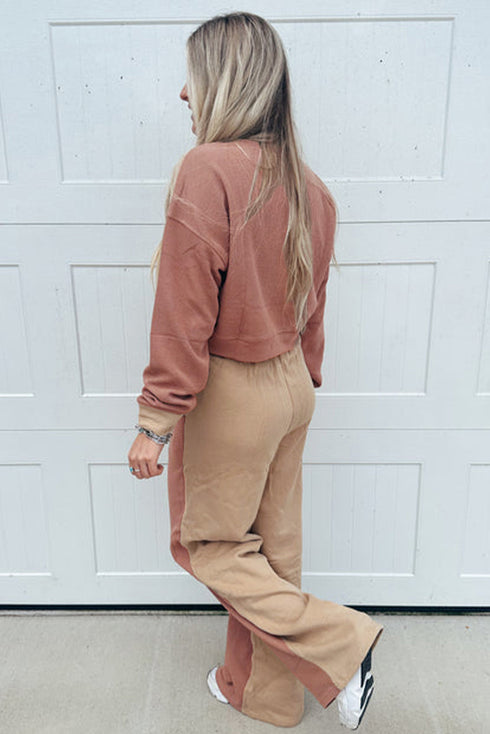 Patchwork Paneled Long Sleeve Wide Leg Pant Set