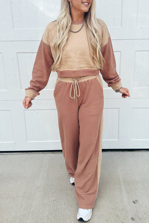 Patchwork Paneled Long Sleeve Wide Leg Pant Set