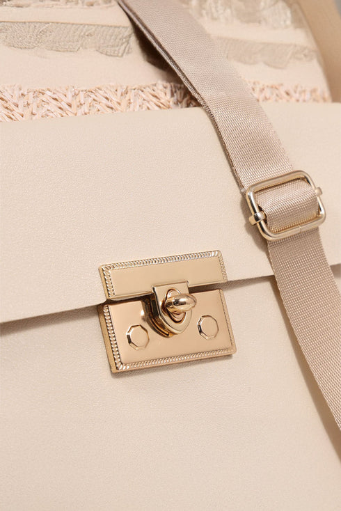Patchwork Pocket Detail Woven Texture Faux Leather Shoulder Bag