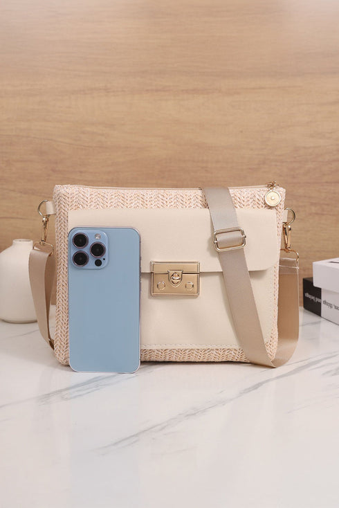 Patchwork Pocket Detail Woven Texture Faux Leather Shoulder Bag