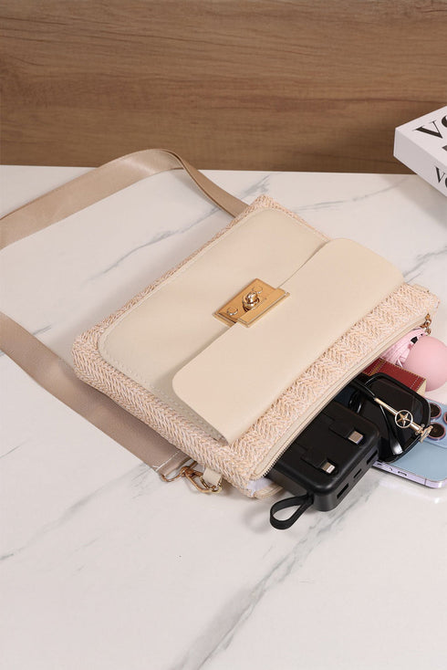 Patchwork Pocket Detail Woven Texture Faux Leather Shoulder Bag