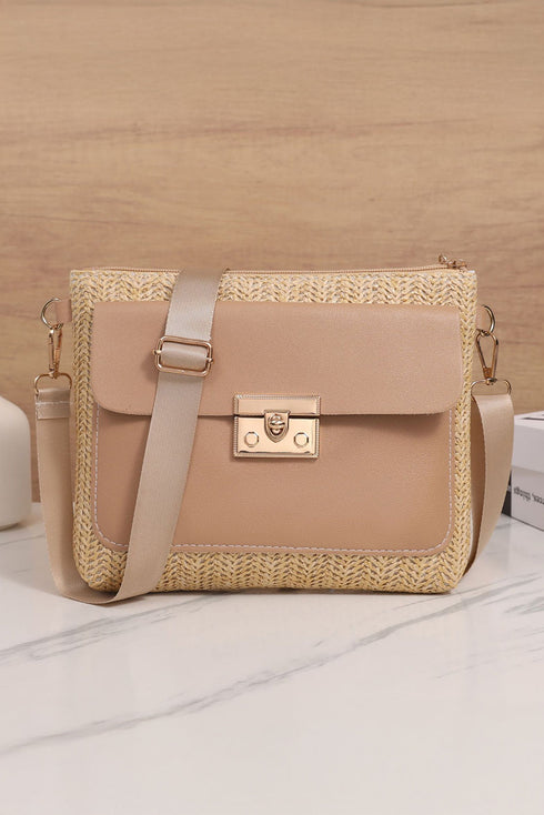 Patchwork Pocket Detail Woven Texture Faux Leather Shoulder Bag