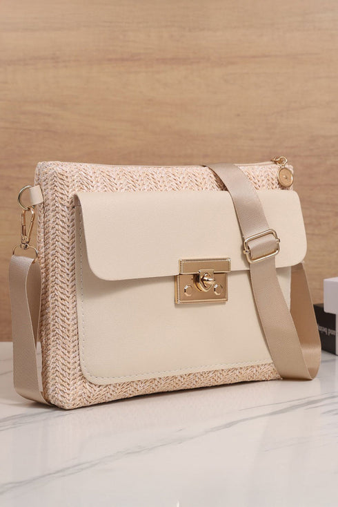 Patchwork Pocket Detail Woven Texture Faux Leather Shoulder Bag