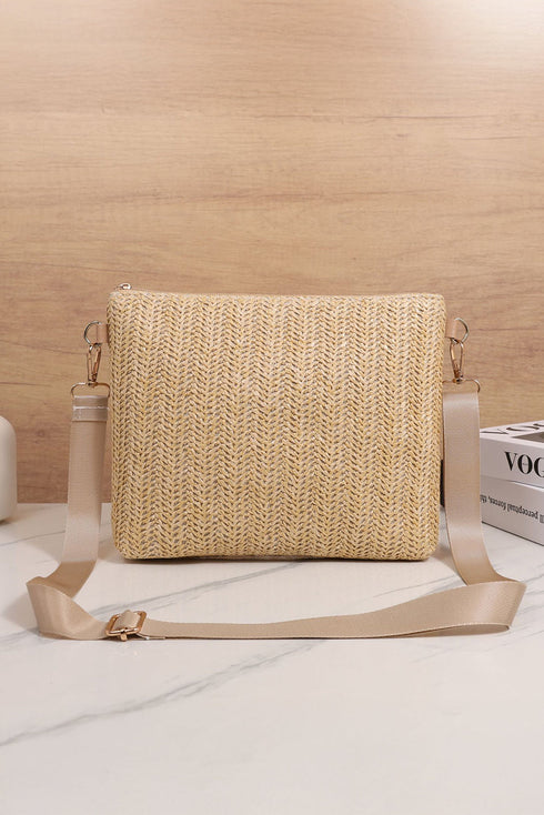Patchwork Pocket Detail Woven Texture Faux Leather Shoulder Bag