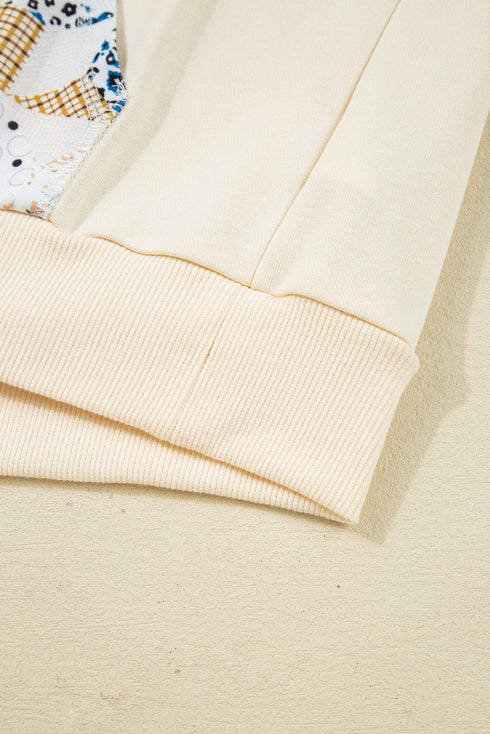 Patchwork Print Detail Kangaroo Pocket Pullover Hoodie