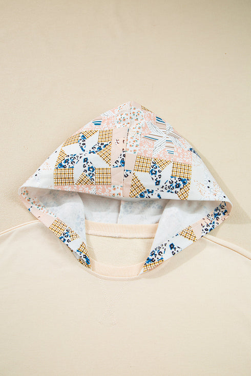 Patchwork Print Detail Kangaroo Pocket Pullover Hoodie