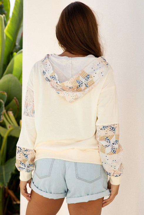 Patchwork Print Detail Kangaroo Pocket Pullover Hoodie
