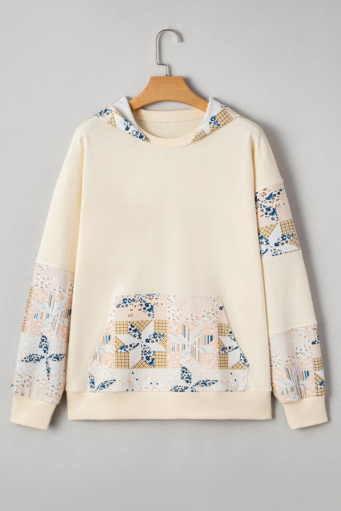 Patchwork Print Detail Kangaroo Pocket Pullover Hoodie