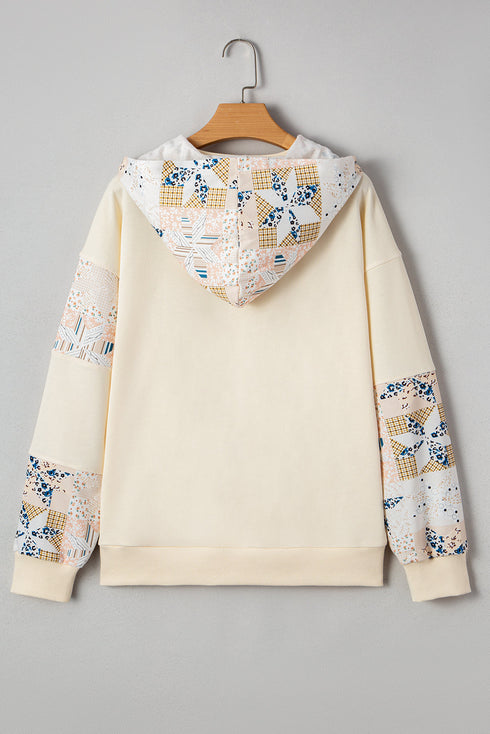 Patchwork Print Detail Kangaroo Pocket Pullover Hoodie