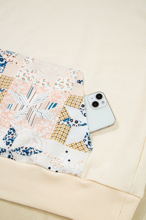 Patchwork Print Detail Kangaroo Pocket Pullover Hoodie