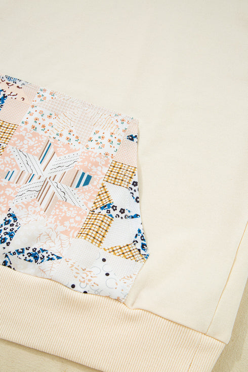 Patchwork Print Detail Kangaroo Pocket Pullover Hoodie