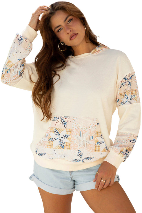 Patchwork Print Detail Kangaroo Pocket Pullover Hoodie