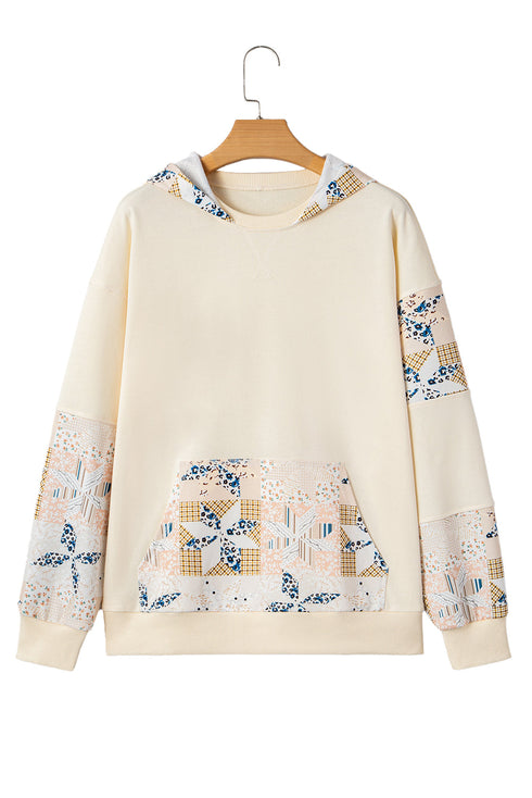 Patchwork Print Detail Kangaroo Pocket Pullover Hoodie