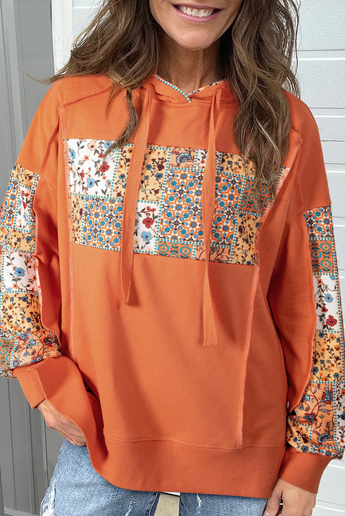 Patchwork Print Panel Raw Edge Pullover Hoodie