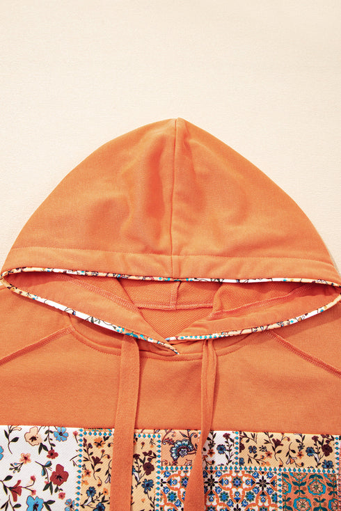 Patchwork Print Panel Raw Edge Pullover Hoodie