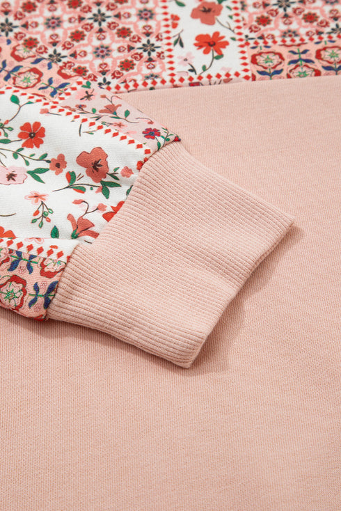 Patchwork Print Panel Raw Edge Pullover Hoodie