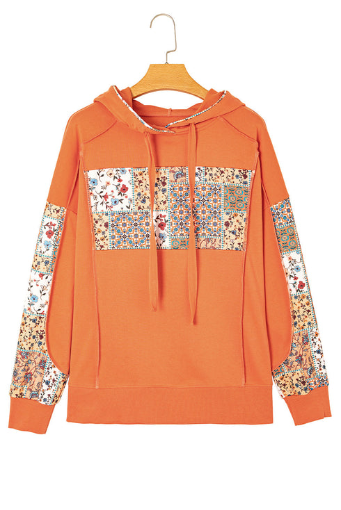 Patchwork Print Panel Raw Edge Pullover Hoodie