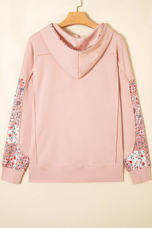 Patchwork Print Panel Raw Edge Pullover Hoodie