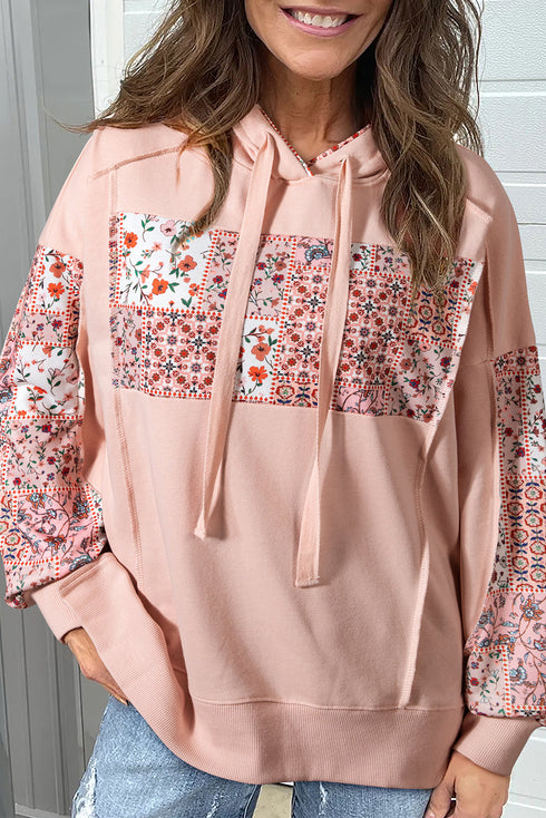 Patchwork Print Panel Raw Edge Pullover Hoodie