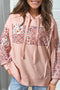 Patchwork Print Panel Raw Edge Pullover Hoodie