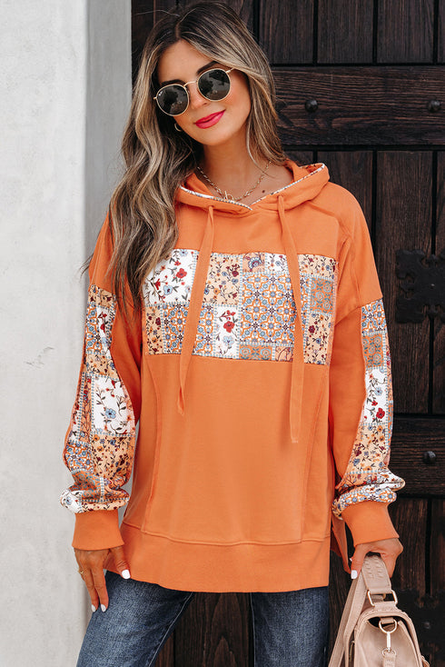 Patchwork Print Panel Raw Edge Pullover Hoodie