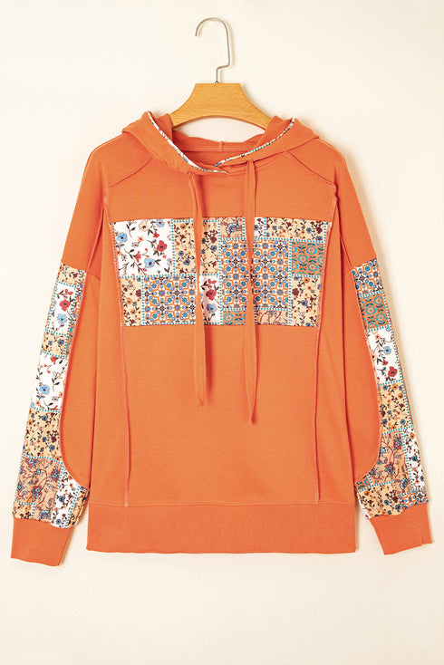 Patchwork Print Panel Raw Edge Pullover Hoodie