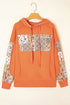 Patchwork Print Panel Raw Edge Pullover Hoodie