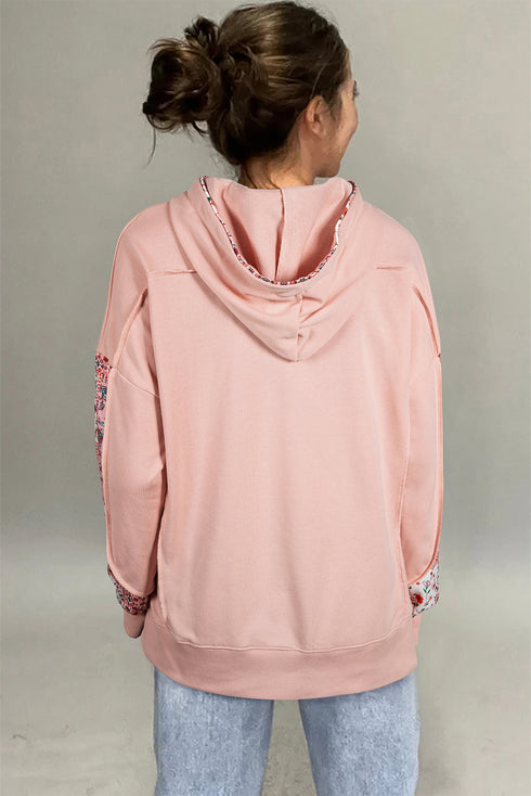 Patchwork Print Panel Raw Edge Pullover Hoodie