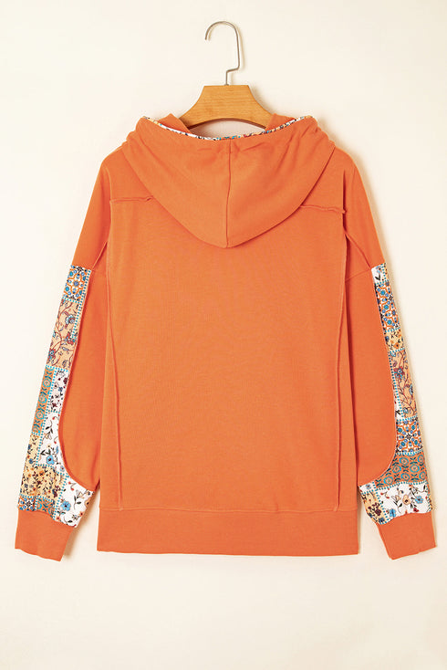 Patchwork Print Panel Raw Edge Pullover Hoodie