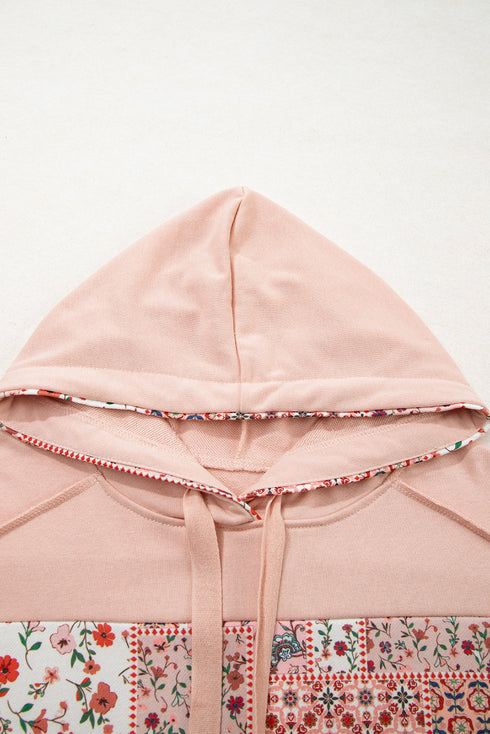 Patchwork Print Panel Raw Edge Pullover Hoodie