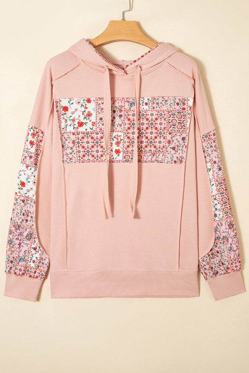 Patchwork Print Panel Raw Edge Pullover Hoodie