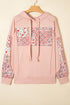 Patchwork Print Panel Raw Edge Pullover Hoodie