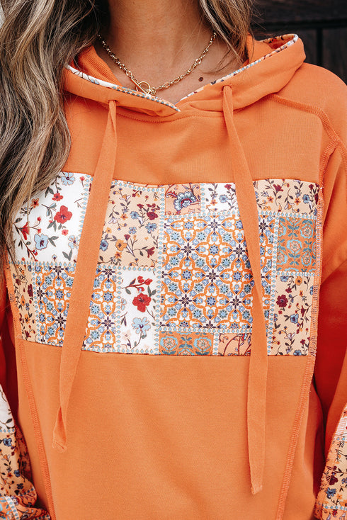 Patchwork Print Panel Raw Edge Pullover Hoodie