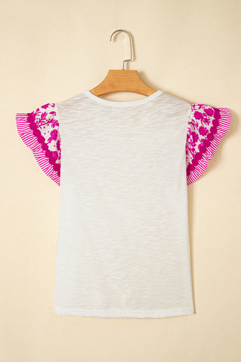 Patchwork Print Ricrac Trim Flutter Sleeve Blouse