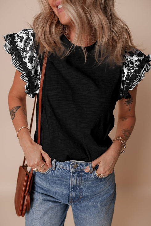 Patchwork Print Ricrac Trim Flutter Sleeve Blouse