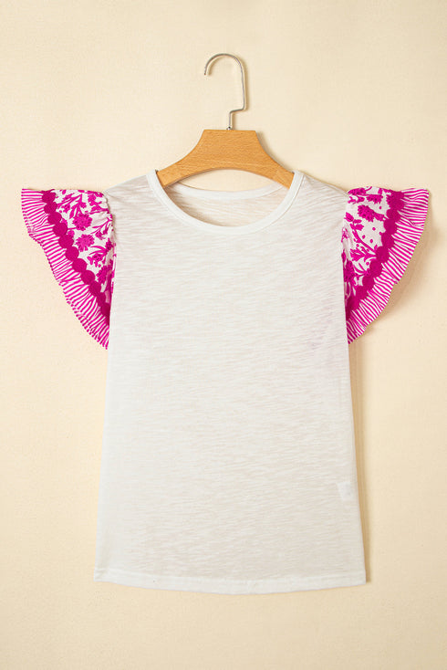 Patchwork Print Ricrac Trim Flutter Sleeve Blouse